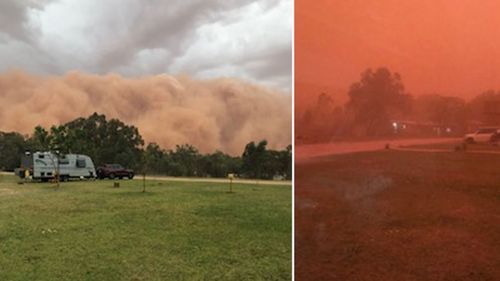 Images of the dust storm closing in on a caravan park in Wilcannia, western NSW, yesterday.