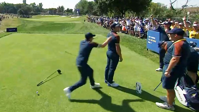 Viktor Hovland was swamped after scoring an ace on a par 4.