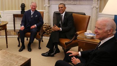 Prince Charles, Prince of Wales (left) meet US President Barack Obama (centre) and US Vice President Joe Biden (right) in the Oval Office in the White House on March 19, 2015 as part of their trip to Washington DC. 