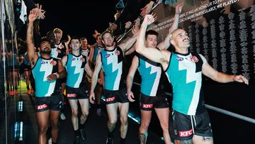 ADELAIDE, AUSTRALIA - AUGUST 13: Sam Powell-Pepper of the Power leads his team after their win during the 2023 AFL Round 22 match between the Port Adelaide Power and the GWS GIANTS at Adelaide Oval on August 13, 2023 in Adelaide, Australia. (Photo by James Elsby/AFL Photos via Getty Images)