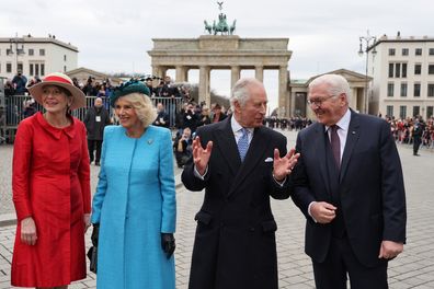 (L-R) The German President's wife Elke Buedenbender, Britain's Camilla, Queen Consort, Britain's King Charles III and German President Frank-Walter Steinmeier attend a ceremonial welcome at Brandenburg Gate on March 29, 2023 in Berlin, Germany.