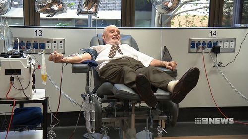 Due to his blood type being so useful, the 81-year-old has been back to his nearest Red Cross blood bank every fortnight for 61 years. Picture: 9NEWS.