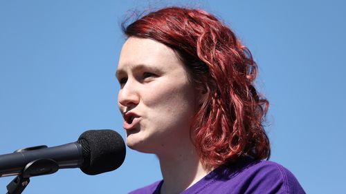 Saxon Mullins speaks at the March 4 Justice protest in Canberra on March 15.