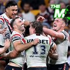 Sydney Roosters players celebrate against the Broncos.