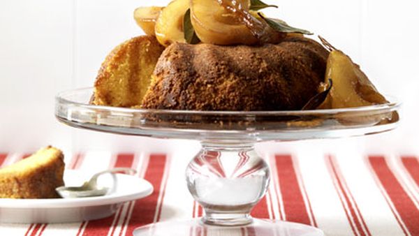 Olive oil and polenta cake with vermouth pears