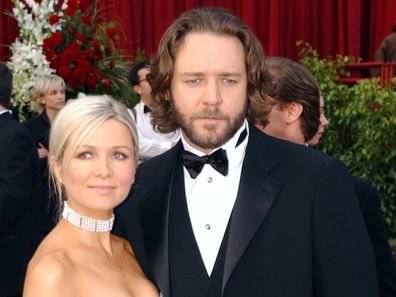 Russell Crowe and Danielle Spencer during The 74th Annual Academy Awards in 2002.