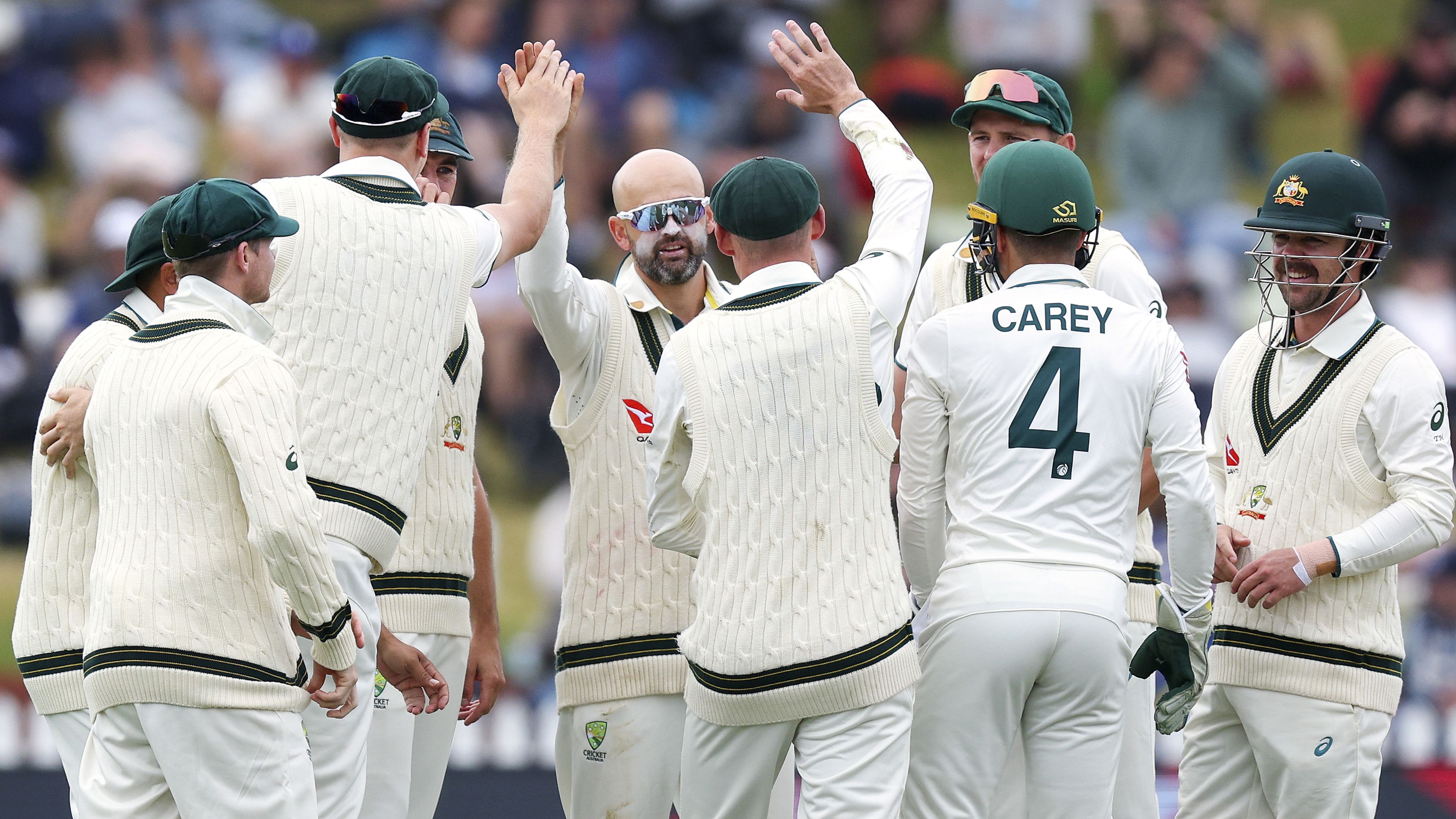 Nathan Lyon of Australia celebrates after taking the wicket of Glenn Phillips of New Zealand for a five wicket bag during day four of the First Test in the series between New Zealand and Australia at Basin Reserve on March 03, 2024 in Wellington, New Zealand. (Photo by Hagen Hopkins/Getty Images)