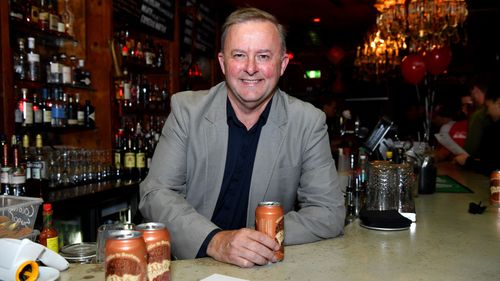 Anthony Albanese drinks his namesake beer at a bar in Marrickville.