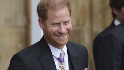Prince Harry leaves Westminster Abbey after the Coronation of King Charles III in London, Saturday, May 6 2023.