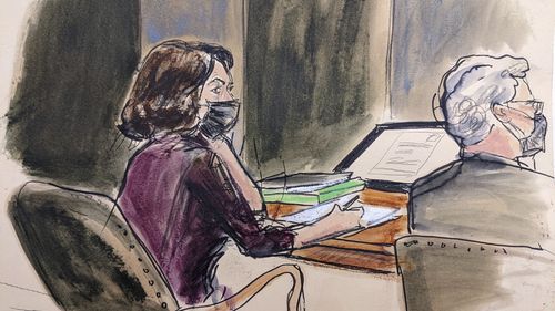 In this courtroom sketch, Ghislaine Maxwell, left, sits at the defence table with attorney Jeffrey Pagliuca while listening to testimony in her sex abuse trial, Thursday, December 16, 2021, in New York. 