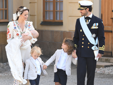Prince Carl Philip, Princess Sofia, Prince Alexander, Prince Gabriel and Prince Julian attend Prince Julian's baptism outside Drottningholm Castle Chapel on August 14, 2021