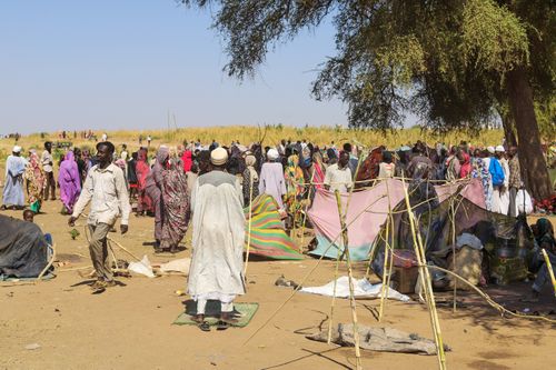 Sudaneses que fugiram da cidade de el-Fasher, depois que as forças paramilitares do Sudão mataram centenas de pessoas na região ocidental de Darfur, reúnem-se em seu acampamento em Tawila, Sudão, quarta-feira, 29 de outubro de 2025.