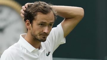 Russia&#x27;s Daniil Medvedev reacts during the men&#x27;s singles fourth round match against Poland&#x27;s Hubert Hurkacz on day eight of the Wimbledon Tennis Championships in London, Tuesday, July 6, 2021. The ATP mens professional tennis tour will not award ranking points for Wimbledon this year because of the All England Clubs ban on players from Russia and Belarus over the invasion of Ukraine. The ATP announced its decision Friday night, May 20, 2022, two days before the start of the French Open  a