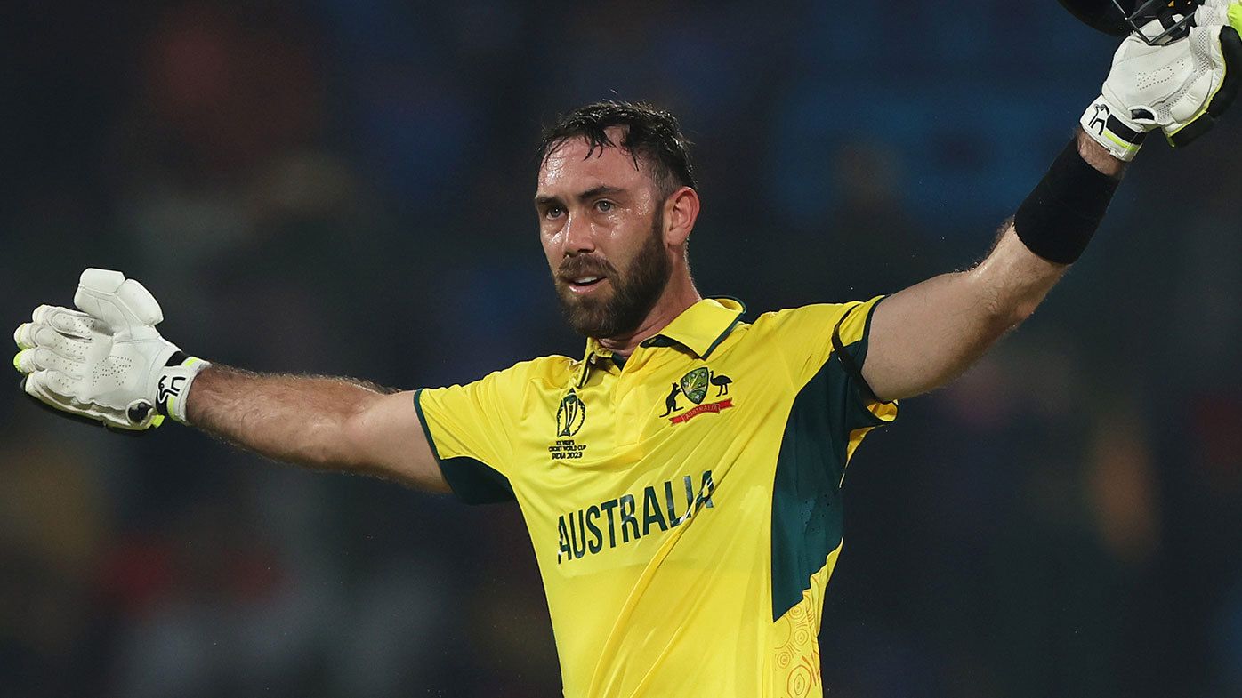 Glenn Maxwell celebrates his record-breaking century against the Netherlands at the Cricket World Cup