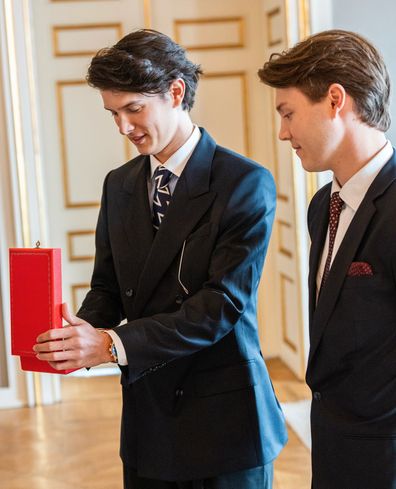 King Frederik X awards his nephews Count Nikolai and Count Felix of Monpezat with the Grand Cross of the Order of Dannebrog at Frederik VIII's Palace, Amalienborg, on Monday May 26, 2025.