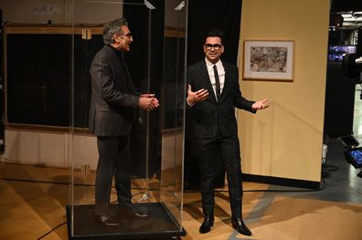 Schitt's Creek star Eugene Levy joins son and co-star Daniel Levy's Saturday Night Live monologue.