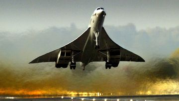 A Concorde aircraft takes off.