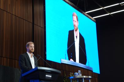 Prince Harry, Duke of Sussex delivers the keynote speech at the InterEdge Summit on day three of the royal trip at Centrepiece in Melbourne Park on April 16, 2026 in Melbourne, Australia.