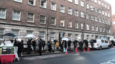 The media gather outside of The King Edward VII hospital where Prince Philip, Duke of Edinburgh is currently receiving treatment on February 18, 2021 in London, England