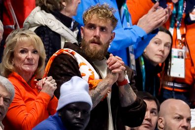 Boxer Jake Paul in the stands while Jutta Leerdam of the Netherlands competes in the Women's 1000m during Day 3 of Speed Skating - Winter Olympics at Milano Speed Skating Stadium on February 9, 2026 in Milan, Italy. 