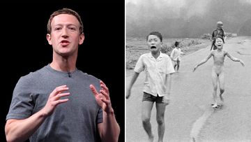 Facebook founder Mark Zuckerberg; a file photo of South Vietnamese forces following after terrified children on June 8, 1972. (AFP/Nuck Ut)