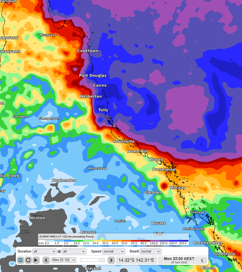 Accumulated precipitation to 22:00 AEST Monday 25th using ECMWF.