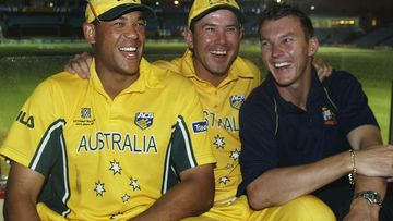 Andrew Symonds with Ricky Ponting and Brett Lee during the 2003 World Cup in South Africa.
