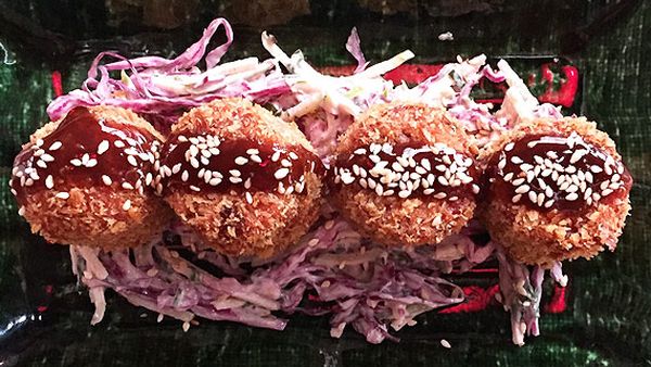 Tokyo Tina's tonkatsu pork croquettes with coleslaw