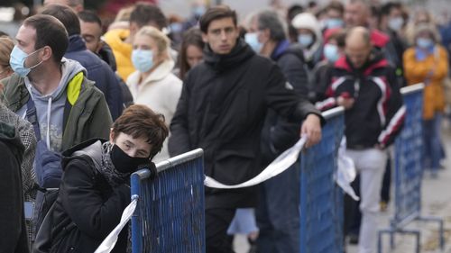 People wait to be vaccinated against COVID-19 in Zagreb, Croatia as countries throughout Central and Eastern Europe reported spiralling coronavirus cases. 