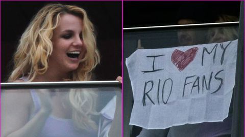 ‘I love my Rio fans': Britney Spears hangs sign from her own balcony!