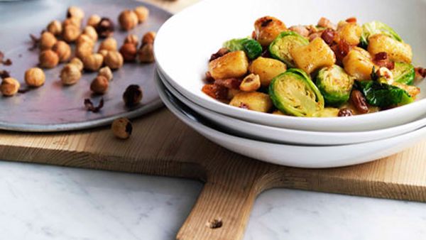 Gnocchi with Brussels sprouts, pancetta and hazelnuts