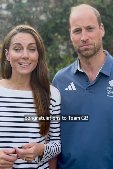 The Prince and Princess of Wales in a short clip congratulating Team GB on their Paris Olympics success. Kate Middleton wearing new eternity ring.