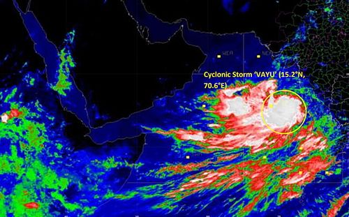 A handout photo made available by India Meteorological Department (IMD) shows Cyclone Vayu on 12 June 2019. 