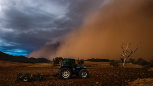 Spectacular dust storms pushed ahead of thunderstorms impacted much of western NSW on Sunday. This image was taken west of Orange. 