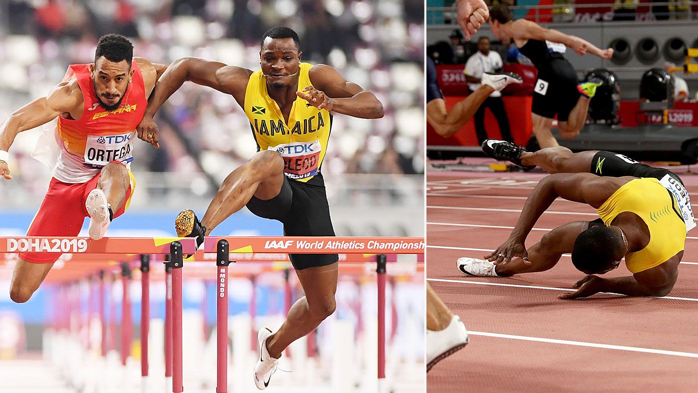 Omar McLeod of Jamaica falls in the Men's 110 metres hurdles final 