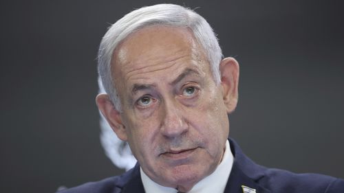 Israeli Prime Minister Benjamin Netanyahu speaks during a press conference at the Prime minister's office in Jerusalem, Sunday, Aug. 10, 2025. (Abir Sultan/Pool Photo via AP)