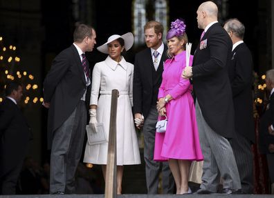 LONDON, ENGLAND - JUNE 03: Meghan, Duchess of Sussex and Prince Harry, Duke of Sussex depart the National Service of Thanksgiving at St Paul's Cathedral on June 03, 2022 in London, England. The Platinum Jubilee of Elizabeth II is being celebrated from June 2 to June 5, 2022, in the UK and Commonwealth to mark the 70th anniversary of the accession of Queen Elizabeth II on 6 February 1952.  (Photo by Chris J Ratcliffe/Getty Images)