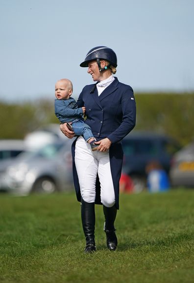 Zara Tindall with her son Lucas at the Barefoot Retreats Burnham Market International Horse Trials in Norfolk. Picture date: Thursday April 14, 2022. (Photo by Joe Giddens/PA Images via Getty Images)