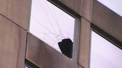 A broken window at Sheraton Grand Sydney