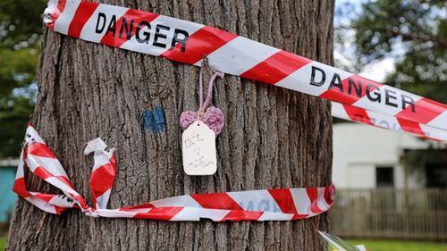 A note with the words "Fly High Little Mia" with a knitted heart has been placed at a Brisbane park where a swooping magpie led to the death of a baby girl. 