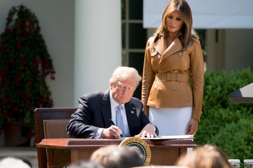 Mrs Trump made the announcement in the White House Rose Garden as President Donald Trump looked on from the audience. (AP)