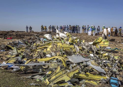 Wreckage is piled at the crash scene of an Ethiopian Airlines flight involving a Boeing 737 Max 8.