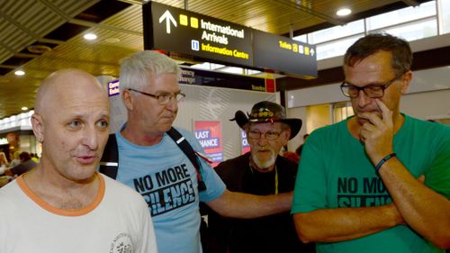 Catholic church child abuse survivors (L-R) Andrew Collins, Phil Nagle, Gordon Hill and David Risdale after travelling to Rome to meet with Cardinal George Pell, (Image: AAP)