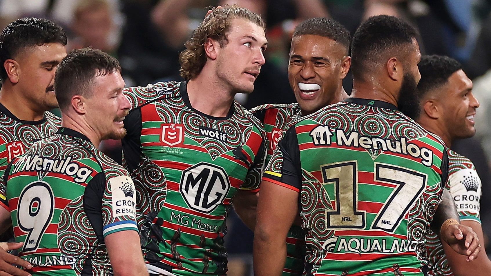 Campbell Graham of the Rabbitohs celebrates scoring a try against the Eels in round 12 at Allianz Stadium on May 19, 2023. 