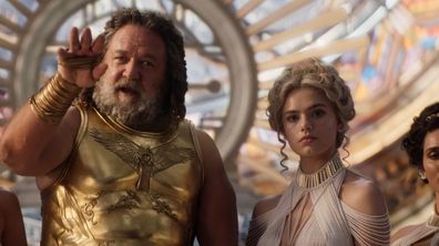 Russell Crowe and Indiana Evans in Thor: Love and Thunder