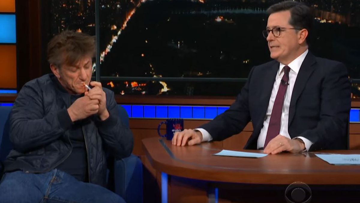 Sean Penn smokes cigarettes during Stephen Colbert show interview