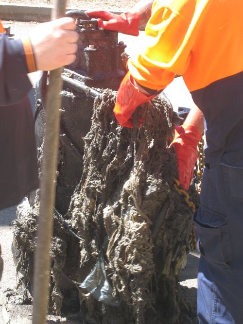 Workers manually remove flushed wipes. (Sydney Water)