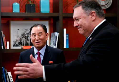 Secretary of State Mike Pompeo, right, and Kim Yong Chol, a North Korean senior ruling party official and former intelligence chief. The talks discussed a future summit between Donald Trump and Kim Jong-un.