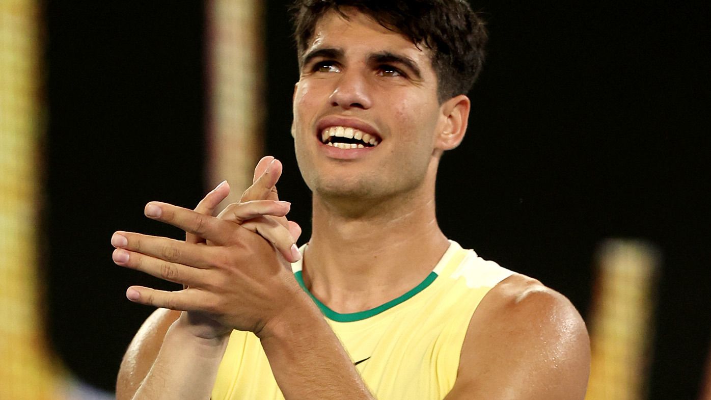 Carlos Alcaraz of Spain celebrates match point in their first round match against Richard Gasquet of France during the 2024 Australian Open at Melbourne Park on January 16, 2024 in Melbourne, Australia. (Photo by Darrian Traynor/Getty Images)