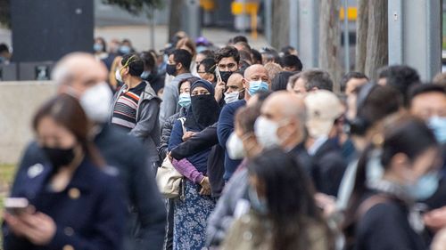 Long lines of people were also seen at the NSW Vaccination Centre in Homebush on July 01, 2021 in Sydney, Australia. The hub administered a whopping 7,057 doses yesterday. 